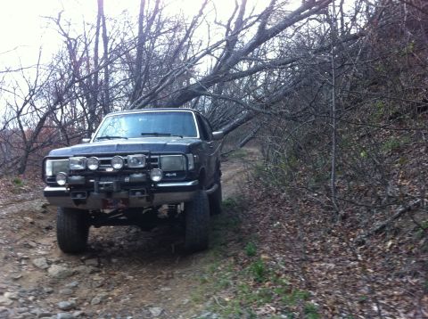 1988 Ford Bronco - This dark SUV, likely a 1987 model, navigates a rough dirt path surrounded by bare trees.