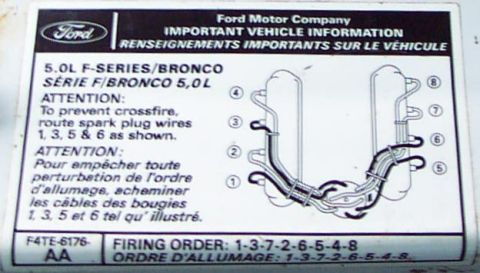 1996 Ford Bronco - Firing Order Label for '96 302 (5.0L) MAF