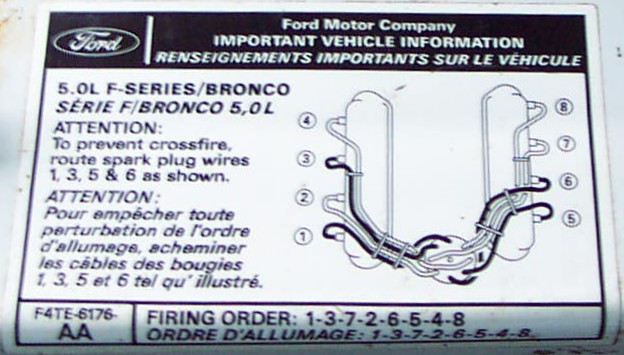 Ford 5.0L F-Series Bronco spark plug wire routing vehicle information decal