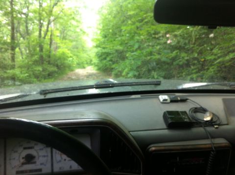 1988 Ford Bronco - Driving down a wooded dirt road from the perspective of the driver's seat.