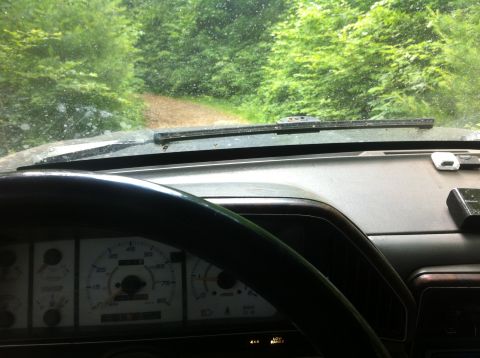 1988 Ford Bronco - Interior view of a 1987 Ford Bronco driving on a dirt road through a forest.