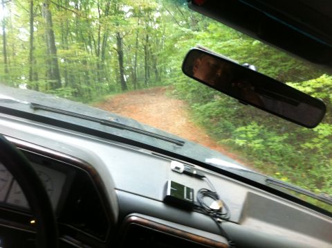 1988 Ford Bronco - Driving through a wooded area on a dirt path, as seen from the driver's perspective inside the vehicle.