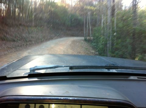 1988 Ford Bronco - The view from the driver's seat shows a dirt road winding through a wooded area.