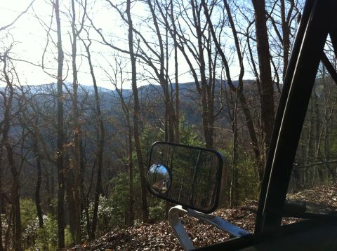 1988 Ford Bronco - View from inside a vehicle shows a side mirror reflecting the surrounding trees and sky.