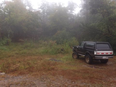 1988 Ford Bronco - A black 1988 Ford Bronco is parked off-road in a misty, wooded landscape.