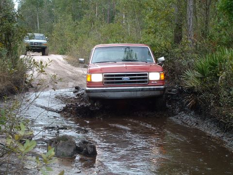 1995 Ford Bronco - Two trucks navigate a muddy off-road trail surrounded by dense foliage.