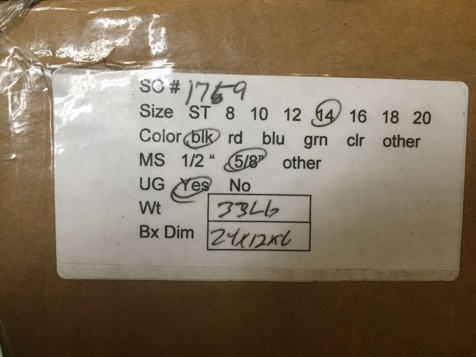 Shipping label with SC # 1759, Size ST 8 10 12 14 16 18 20, Color blk rd blu grn clr other, MS 1/2" 5/8" other, UG Yes No, Wt 33lb, Bx Dim 24x12x6