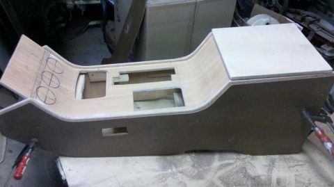 1982 Ford Bronco - A custom center console is under construction, cutouts for various components and a flat top surface.