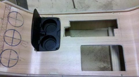 1982 Ford Bronco - Custom dashboard modification in progress, a dual cup holder and openings for gauges.