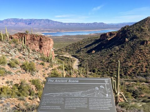 1996 Ford Bronco - A scenic desert landscape with mountains, a lake, and saguaro cacti is shown with an informational sign in the foreground.