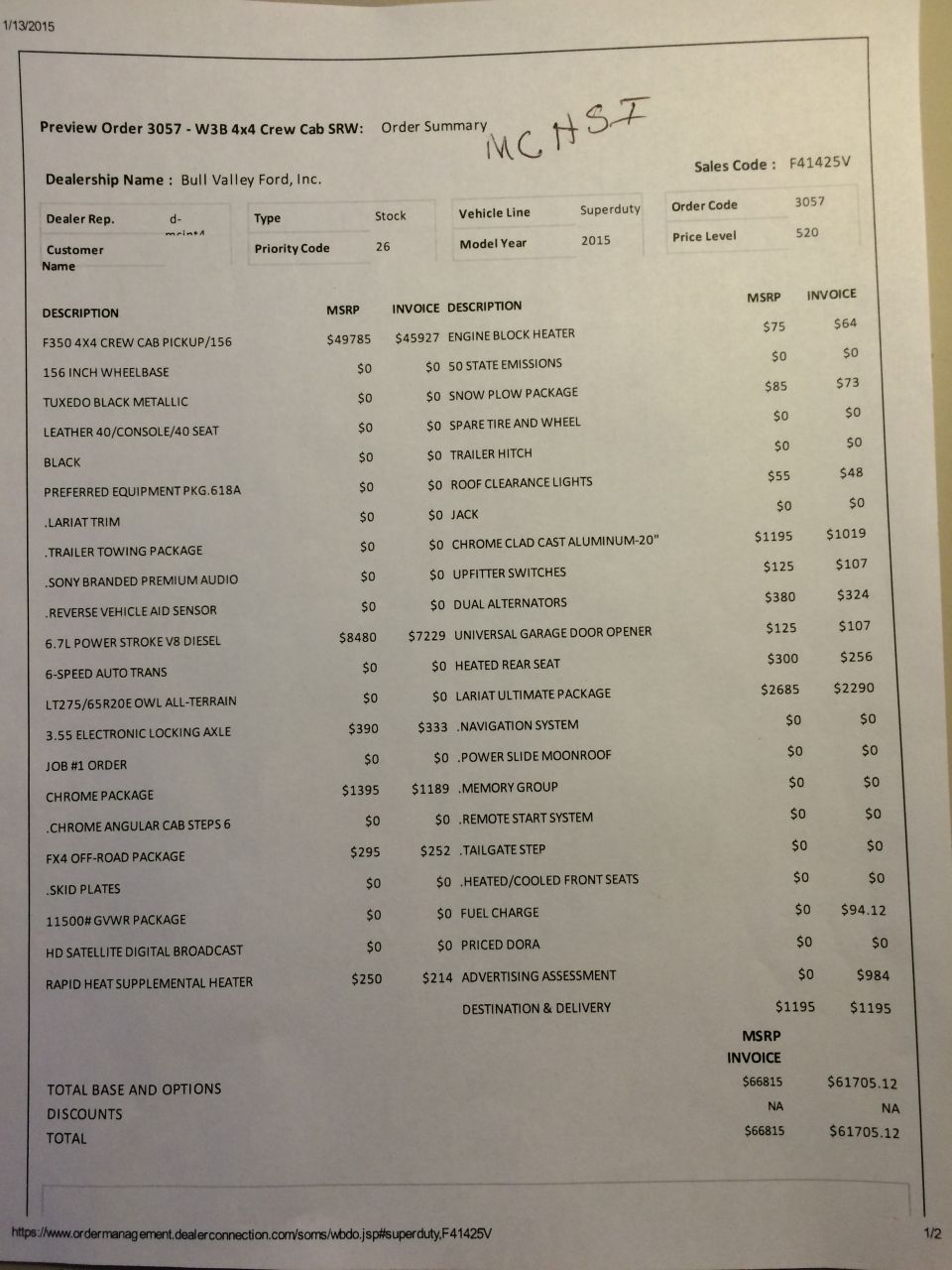 Order summary document for a Ford F-350 pickup truck.