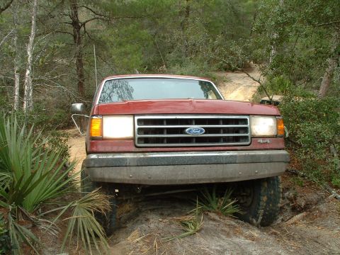 1995 Ford Bronco - Red Ford F-Series truck navigating an off-road trail with dense foliage.