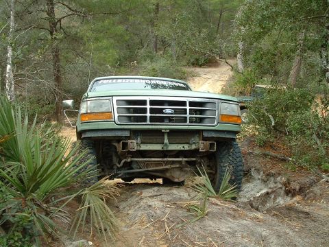 1995 Ford Bronco - A green Ford truck navigates a wooded trail with another vehicle visible in the background.
