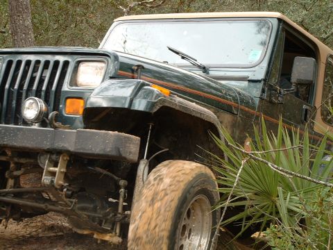 1995 Ford Bronco - A green Jeep Wrangler navigates a muddy, wooded trail.