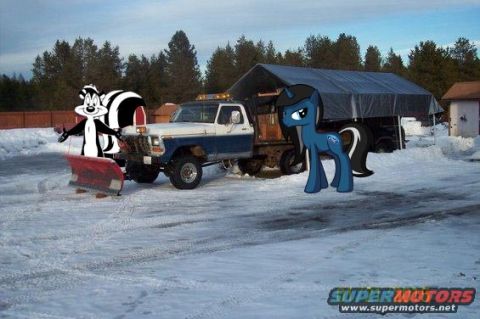 1994 Ford Bronco - A cartoon skunk stands in front of a snow plow attached to a two-tone blue and white pickup truck. A blue cartoon pony stands to the right…