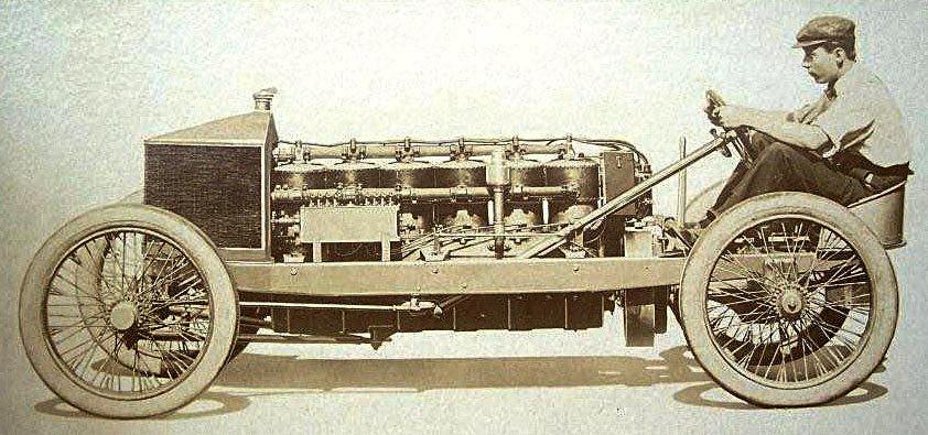 1906 Ford Model T side view with exposed engine and driver