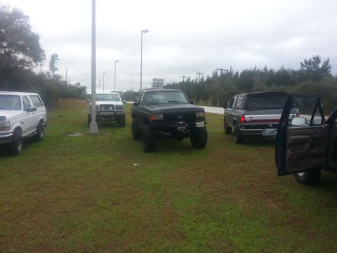 1994 Ford Bronco - A group of Ford trucks and Broncos are parked on a grassy area under an overcast sky.