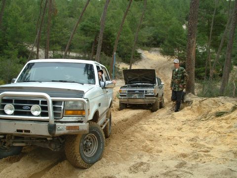1995 Ford Bronco - Two Ford Broncos navigate a sandy trail through a wooded area, with one vehicle stopped and its hood open.