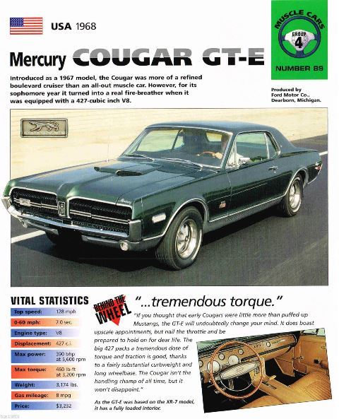 1968 Mercury Cougar - 1968 Mercury Cougar GT-E, a refined muscle car with a 427-cubic inch V8.