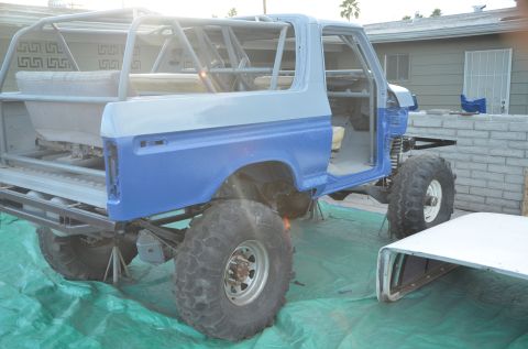 1979 Ford Bronco - This modified SUV is undergoing restoration, a custom roll cage and off-road suspension components.