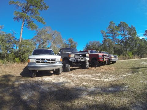 1995 Ford Bronco - A line of four Ford trucks are parked on a dirt and grass area under a clear blue sky.