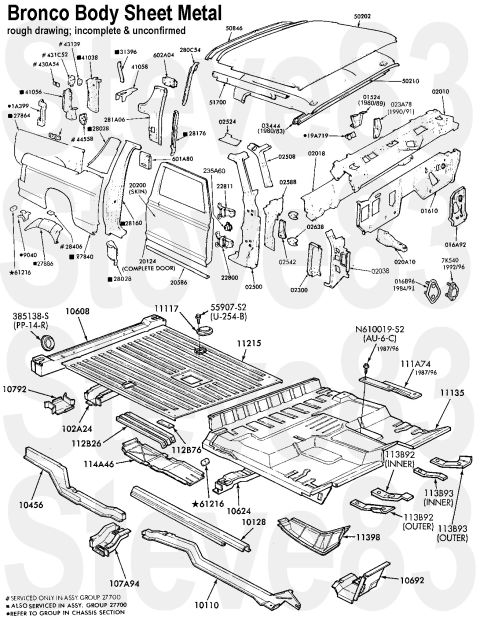 1983 Ford Bronco - INCOMPLETE Bronco Body Sheet Metal Parts IF THE IMAGE IS TOO SMALL, click it. 01610 Cowl Panel ('92-96 F4TZ1501610A) 016A92 Cowl Reinforcem…