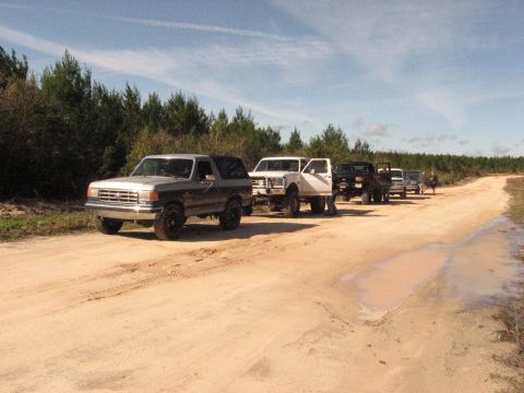 1994 Ford Bronco - A convoy of trucks and a Bronco drives down a dirt road through a wooded area.
