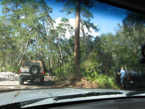 1994 Ford Bronco - Ford Bronco and another vehicle on a dirt road in a wooded area.