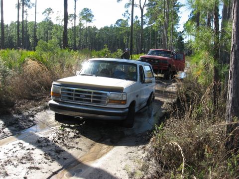 1994 Ford Bronco - Two trucks navigate a muddy path through a wooded area.