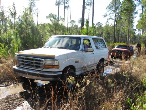 1994 Ford Bronco - Two vehicles navigate a muddy path in a wooded area, with the lead vehicle being a white Ford Bronco.