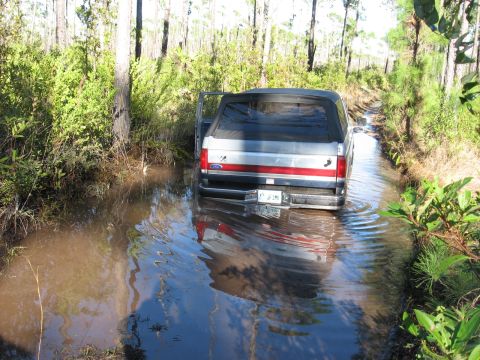 1994 Ford Bronco - A silver Ford Bronco with a red stripe navigates a water-filled path in a wooded area.