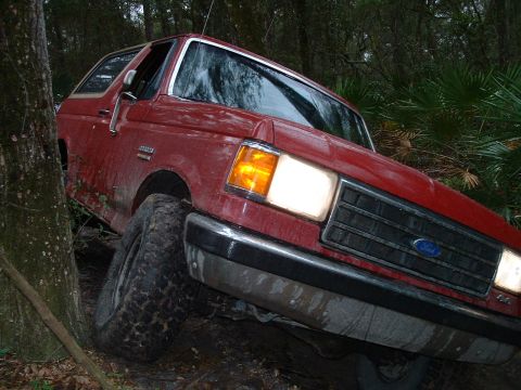 1995 Ford Bronco - This red 1995 Ford Bronco is navigating a challenging off-road trail, with one wheel lifted as it maneuvers through the trees and mud.