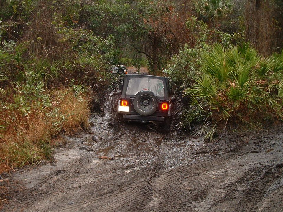 Black SUV navigating a muddy trail with rear lights illuminated
