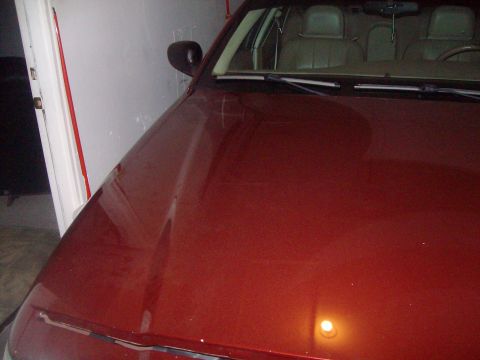 2004 Ford Crown Victoria - The front passenger side of a red 2004 Ford Crown Victoria is visible, showing the hood and part of the interior.