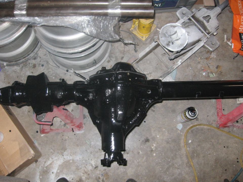 Black painted Ford rear axle assembly with differential housing