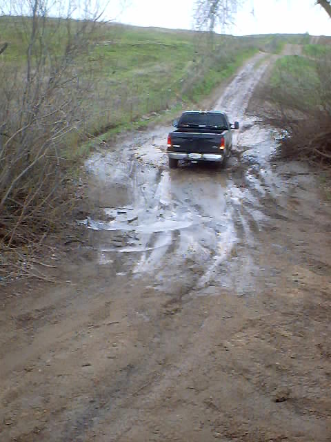 1976 Ford F-100 - A black pickup truck navigates a challenging muddy path on a dirt road.