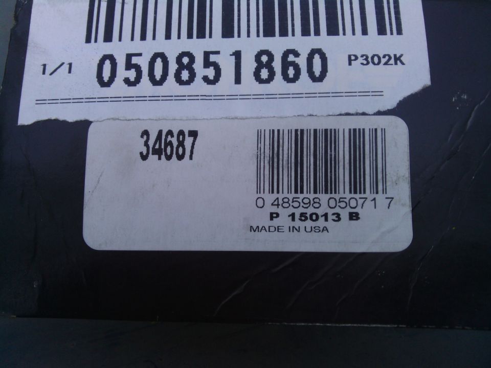 Box with barcodes and part numbers 050851860 and 34687, also P 15013 B MADE IN USA
