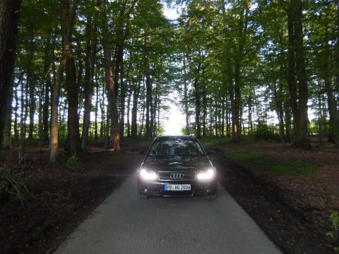 2003 Audi A6 - A black Audi sedan is captured from the front as it drives down a road surrounded by dense trees.