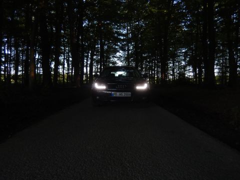 2003 Audi A6 - A dark road at night is illuminated by the headlights of an Audi A4 B6, with a dense forest on either side.