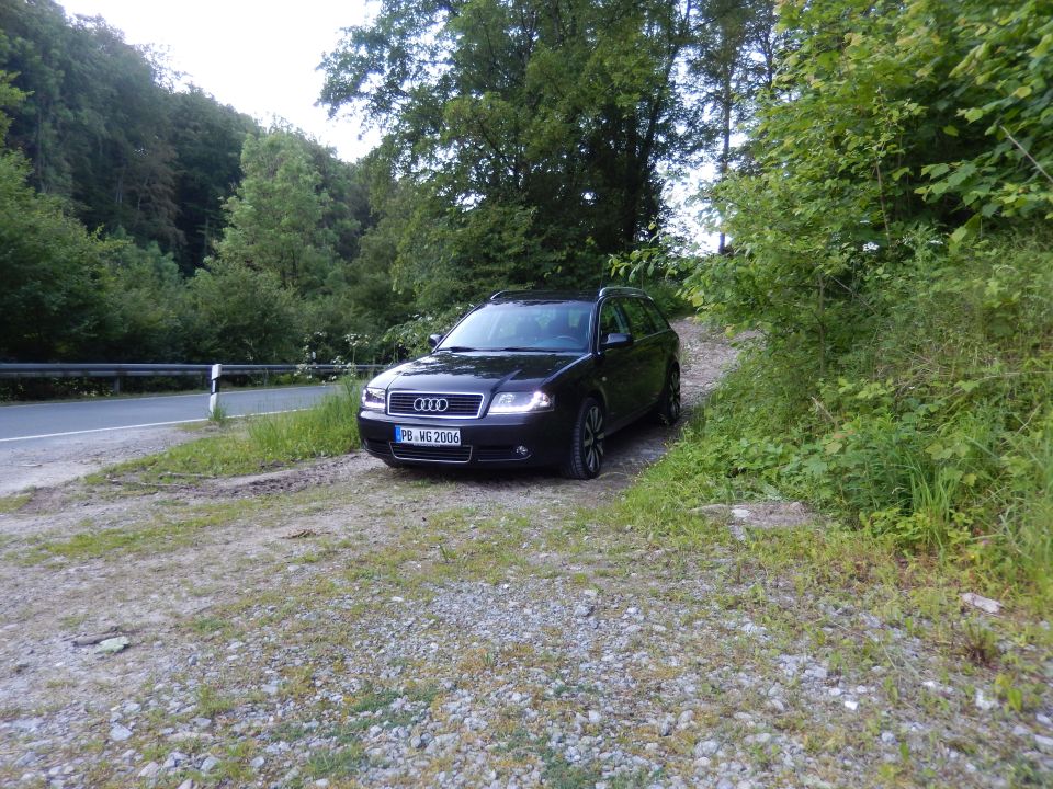 black Audi wagon parked on dirt road next to trees, license plate PB-WG 2004