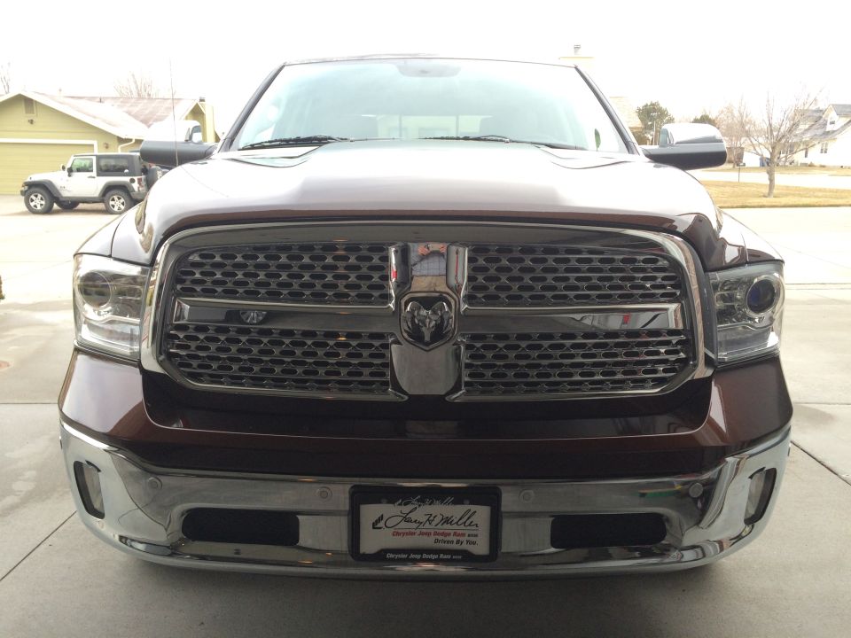 Brown 2015 Dodge 1500 front grille and headlights. Jeep visible in background