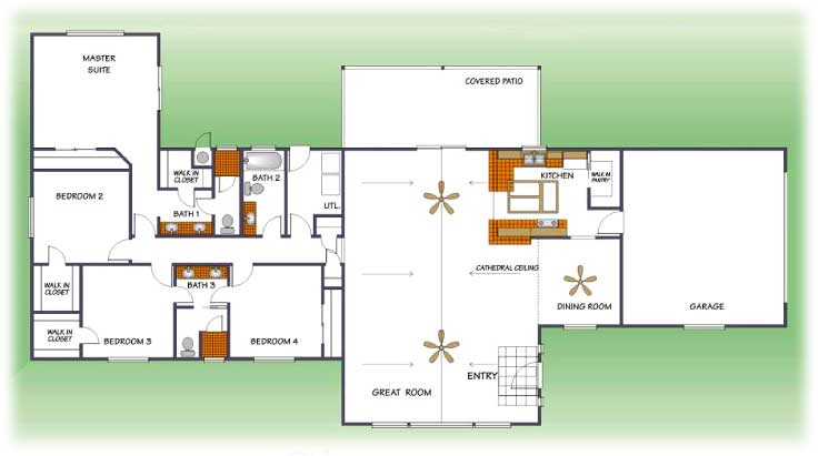 Residential house floor plan showing bedrooms, baths, kitchen, garage and great room