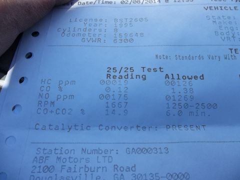 1995 Ford Bronco - This document details a vehicle's emissions test results, including readings and allowed limits for various components.