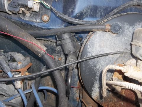 1995 Ford Bronco - Close-up view of engine bay components, including hoses and wiring, against a blue painted background.
