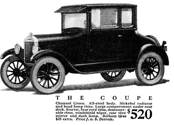 1926 Ford Model T coupe with spoke wheels and a rear-mounted spare tire