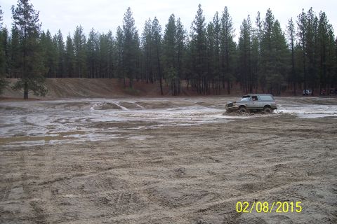 1990 Ford Bronco - 1990 Ford Bronco navigating a challenging muddy terrain, surrounded by pine trees.