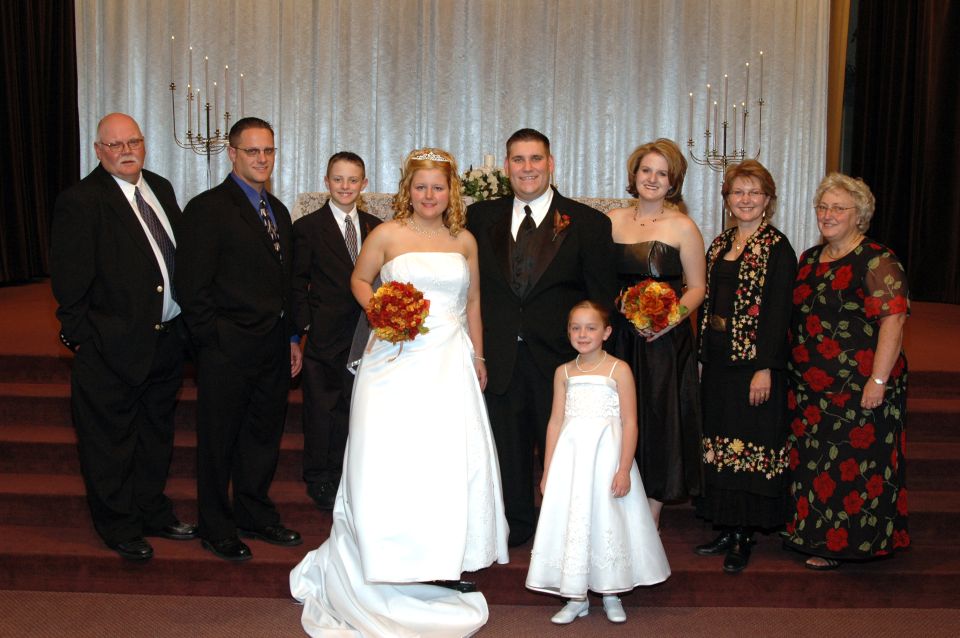Wedding party posing for a photo indoors
