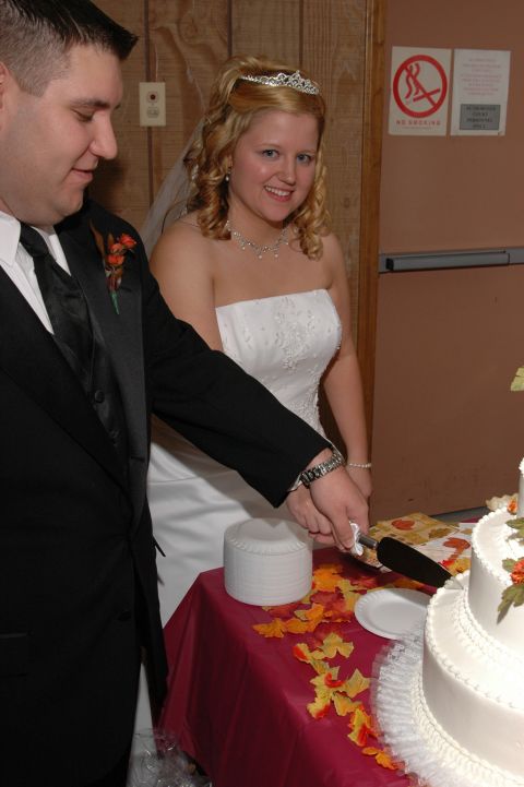 1985 Ford Crown Victoria LTD - A bride and groom cut into their wedding cake, with a no smoking sign visible in the background.