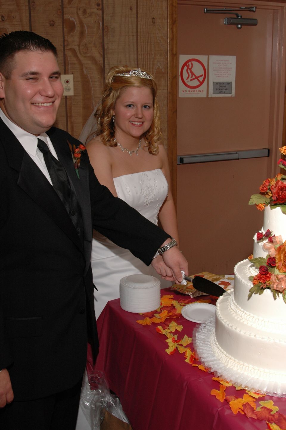 Bride and groom cutting wedding cake