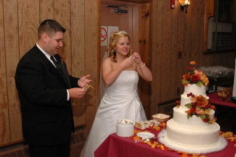 1985 Ford Crown Victoria LTD - A bride and groom cut into their wedding cake during the reception.